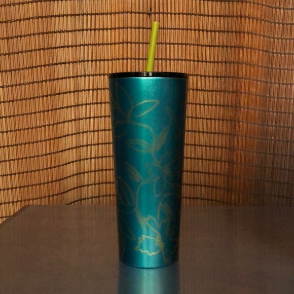 NEW STARBUCKS Teal with Gold Floral Print Design Collectors Venti 24oz Cold Cup - Picture 3 of 8